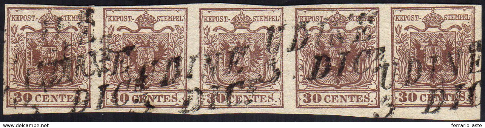 1850 - 30 Cent. Bruno, I Tipo, Carta A Mano (7), Striscia Di 5, Perfetta, Usata Ad Udine 3/12. Ferra... - Lombardije-Venetië