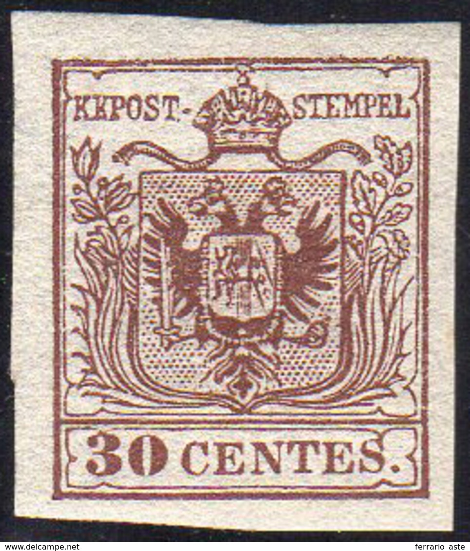 1854 - 30 Cent. Bruno Lillaceo, II Tipo (9), Nuovo, Gomma Originale, Perfetto. Splendido Per Fresche... - Lombardije-Venetië