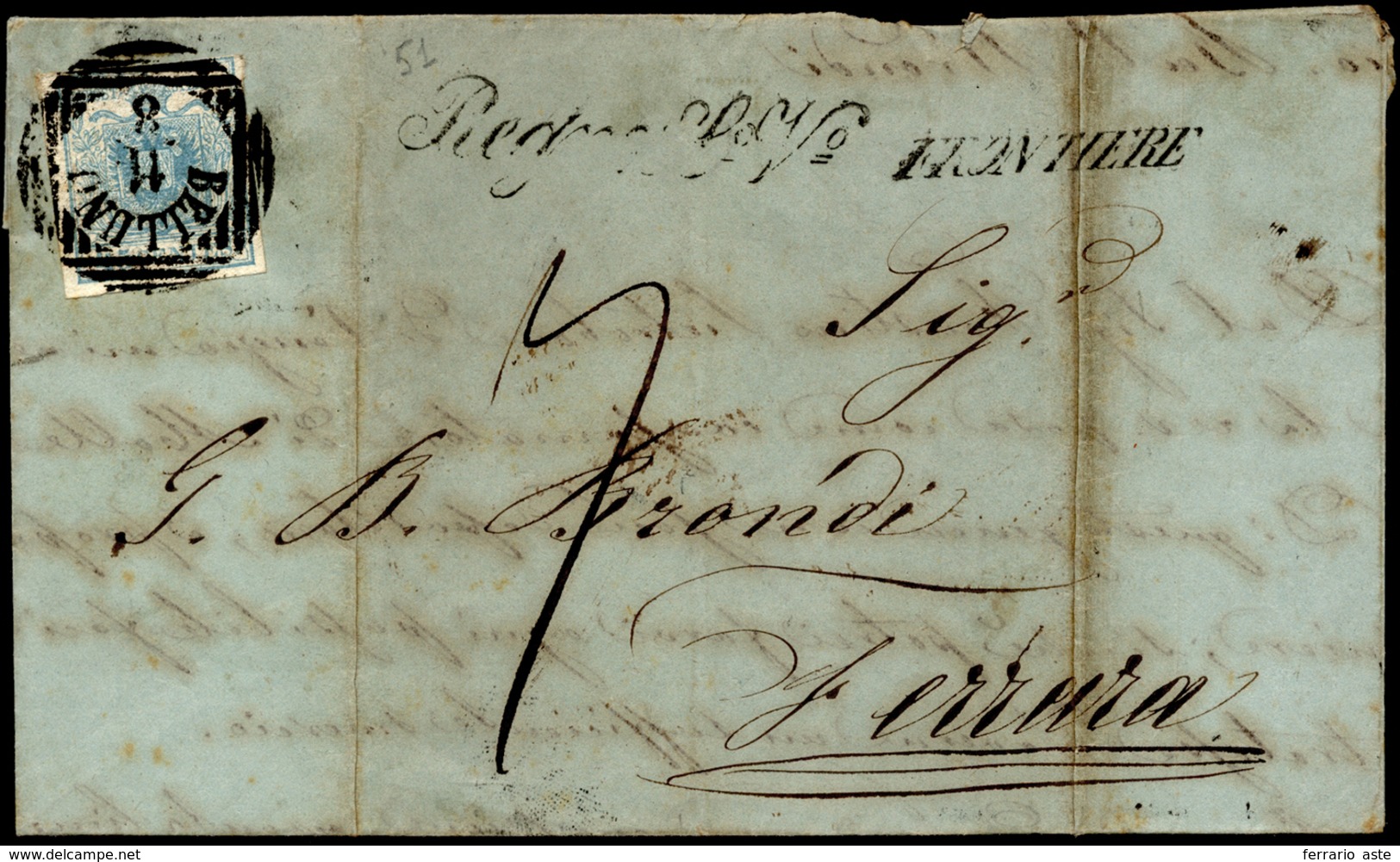 1851 - 45 Cent. Azzurro Chiaro, I Tipo, Carta A Mano (10), Perfetto, Su Lettera Da Belluno 11/8/1851... - Lombardije-Venetië