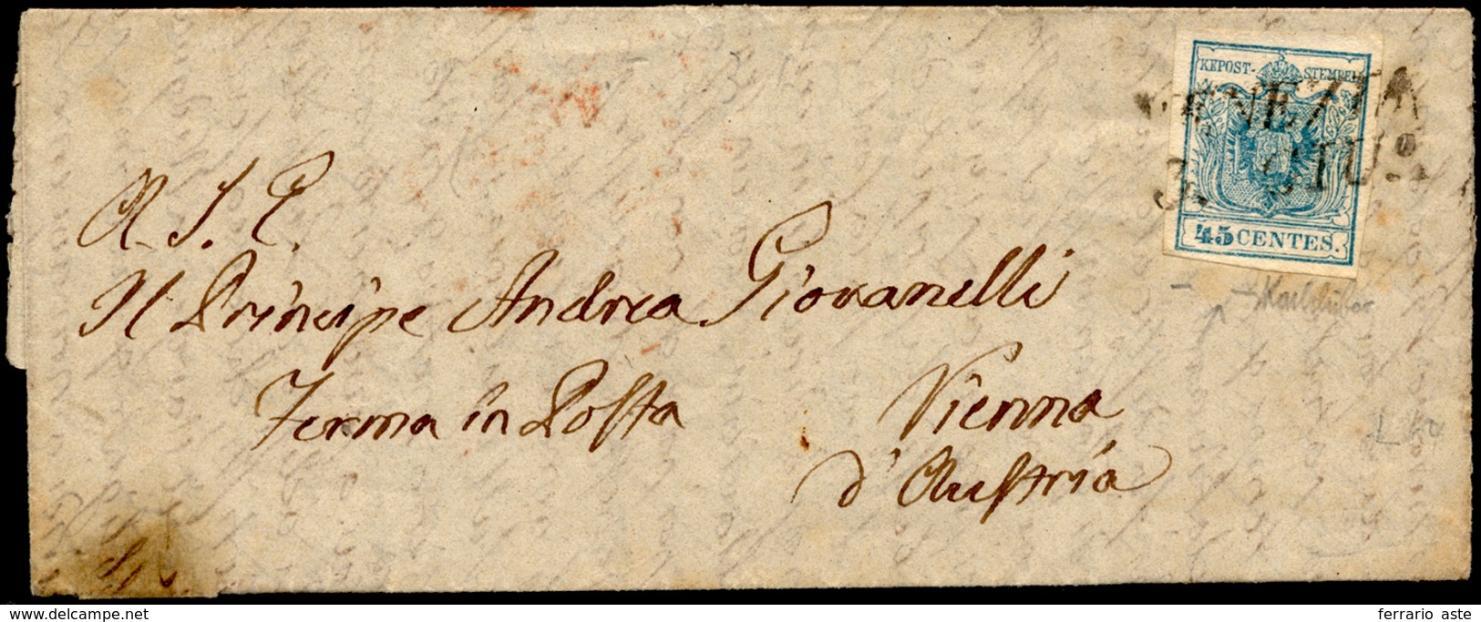 1850 - 45 Cent. Azzurro Chiaro, Prima Tiratura (10a), Perfetto, Su Lettera Da Venezia 3/6/1850 A Vie... - Lombardy-Venetia