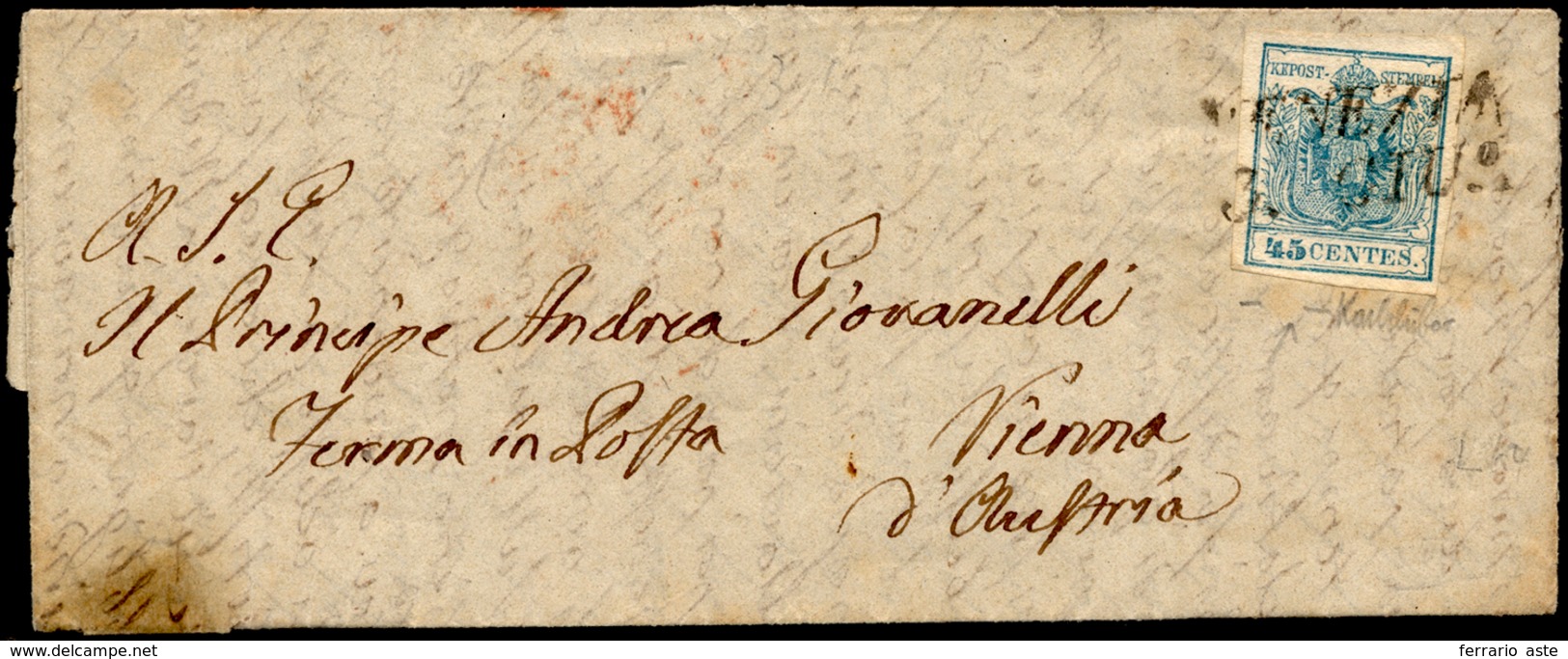 1850 - 45 Cent. Azzurro Chiaro, Prima Tiratura (10a), Perfetto, Su Lettera Da Venezia 3/6/1850 A Vie... - Lombardije-Venetië