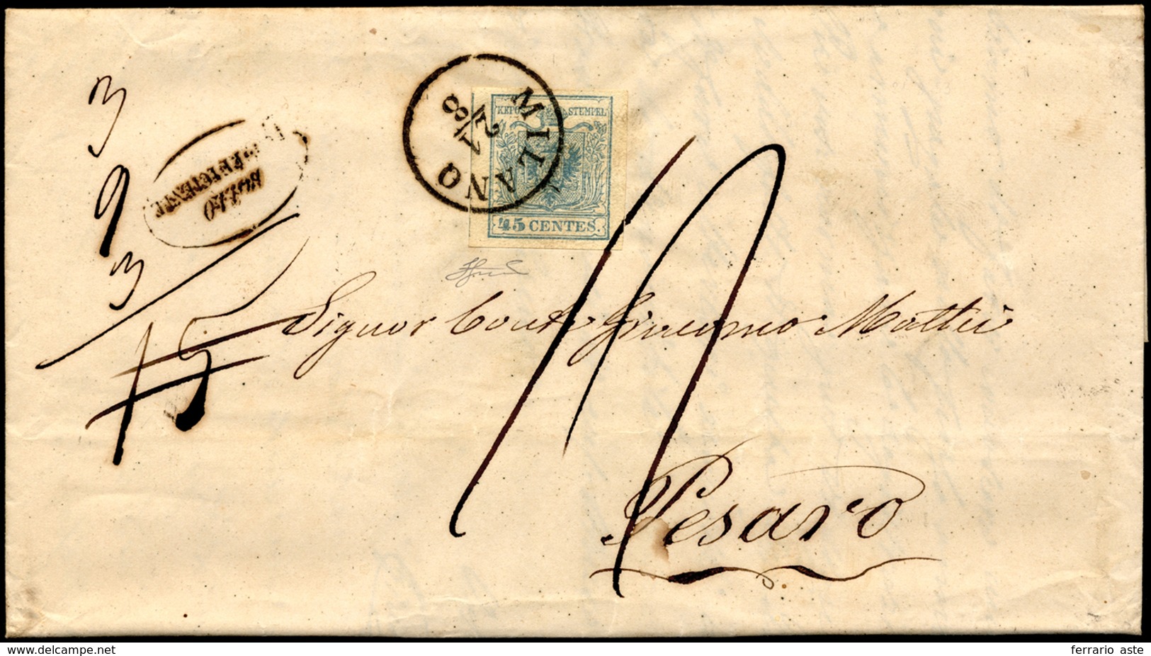 1853 - 45 Cent. Azzurro Ardesia, II Tipo (11), Perfetto, Su Lettera Affrancata Insufficientemente Da... - Lombardije-Venetië