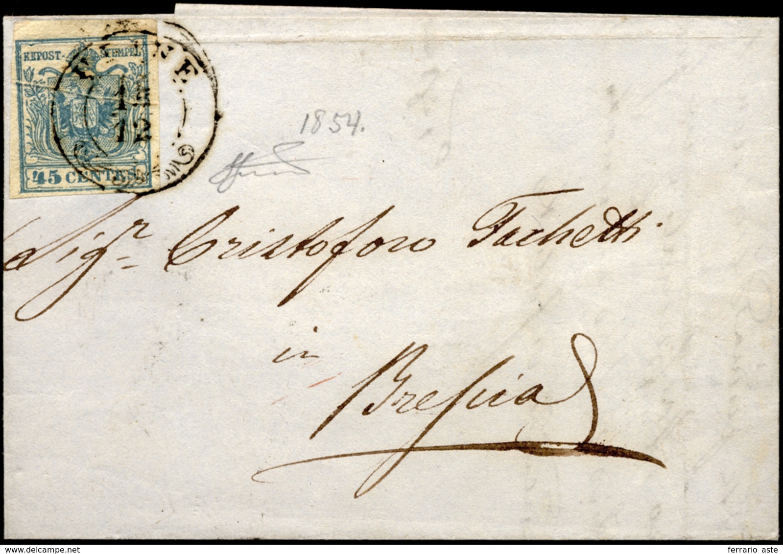 1854 - 45 Cent. Azzurro Ardesia, II Tipo (11), Ben Marginato, Con Vistosa Pli D'accordeon Centrale, ... - Lombardije-Venetië