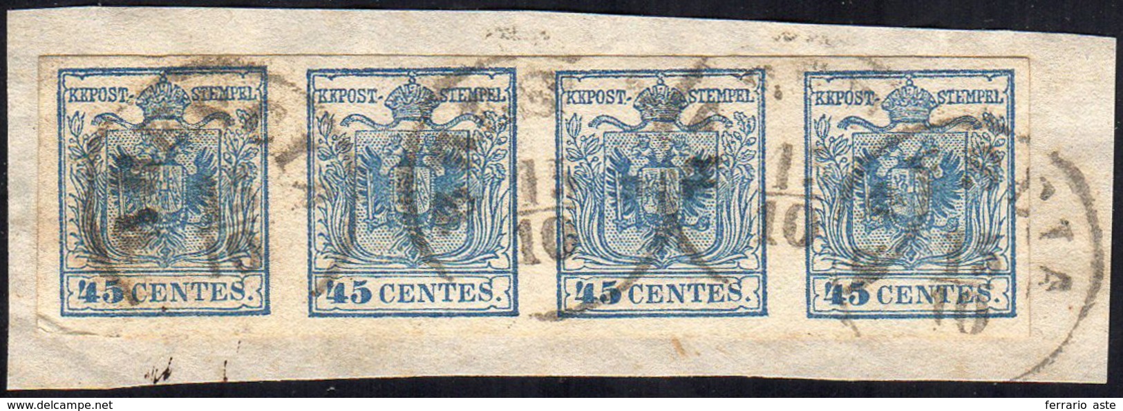 1855 - 45 Cent. Azzurro, III Tipo, Carta A Mano (12), Striscia Di Quattro, Perfetta, Usata Su Piccol... - Lombardije-Venetië