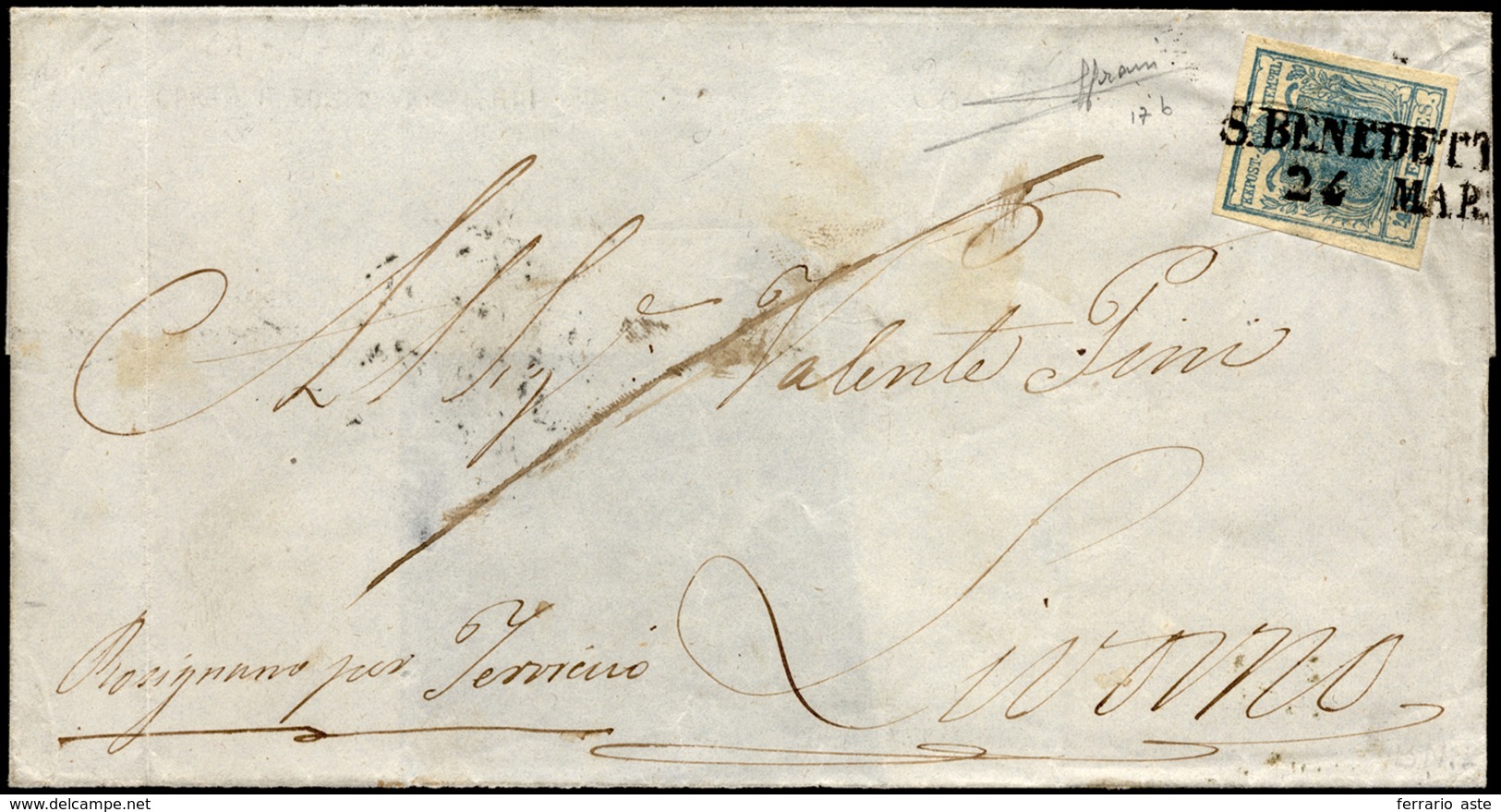 1853 - 45 Cent. Azzurro Ardesia, I Tipo, Carta A Coste Verticali (17b), Perfetto, Su Sovracoperta Di... - Lombardije-Venetië