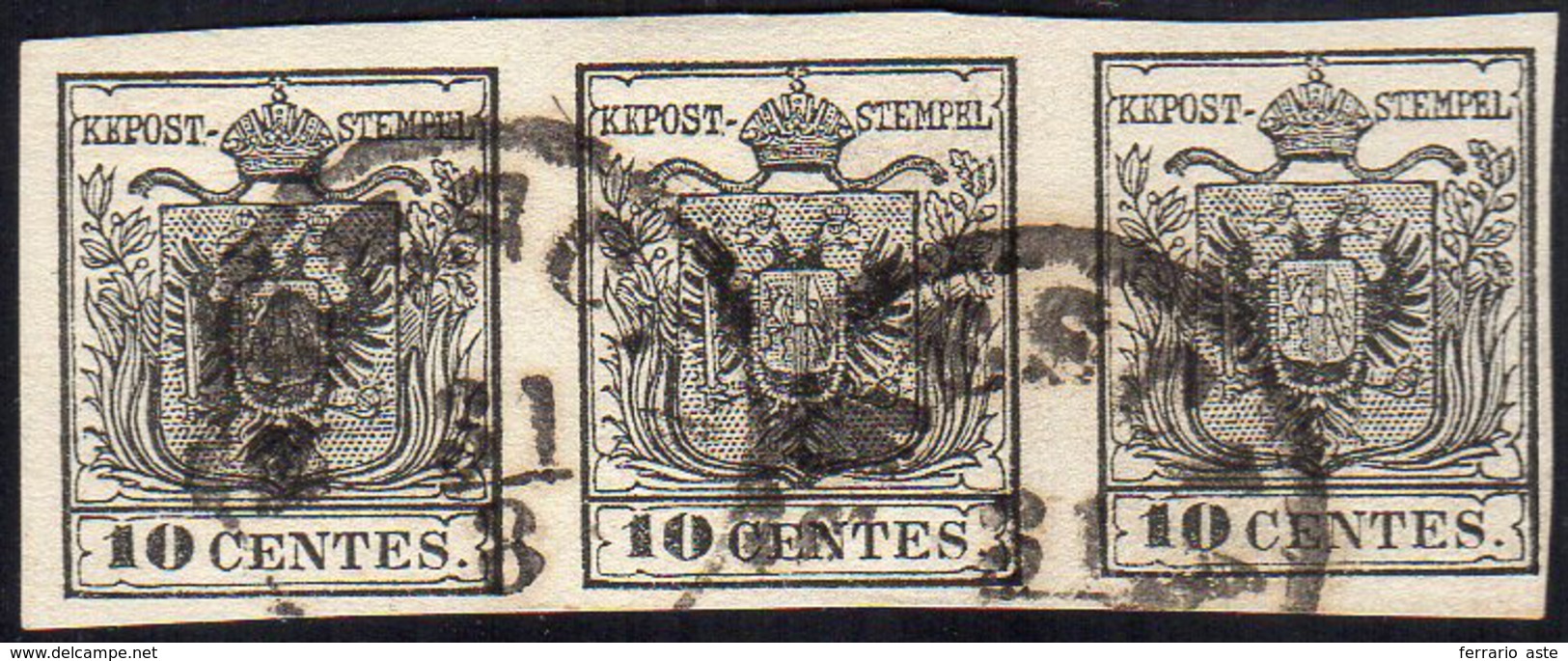 1857 - 10 Cent. Nero, Carta A Macchina (19), Striscia Di Tre, Perfetta, Usata A Brescia 31/8. Molto ... - Lombardo-Venetien