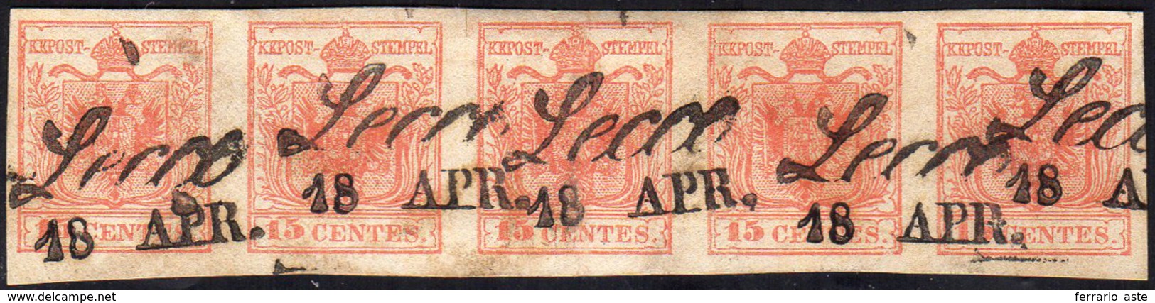 1854 - 15 Cent. Rosso Vermiglio, Carta A Macchina (20), Striscia Di Cinque, Perfetta, Usata A Lecco ... - Lombardije-Venetië