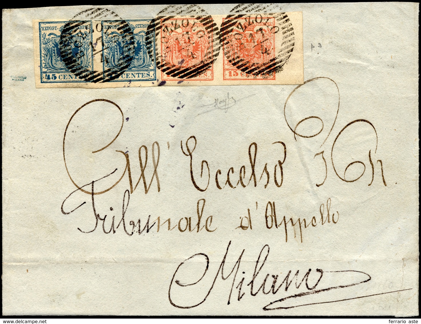 1856 - 15 Cent. Rosso Vermiglio, Coppia Perfetta, Bordo Di Foglio, 45 Cent. Azzurro, Coppia, Sfiorat... - Lombardije-Venetië