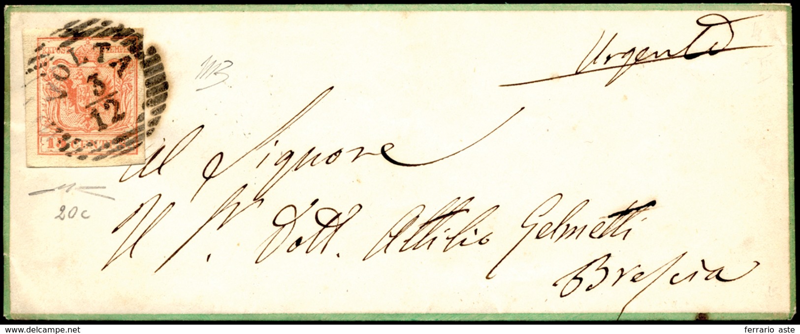 1854 - 15 Cent. Rosa Vermiglio, Carta A Macchina (20c), Perfetto, Su Piccola Busta Bordata Di Verde ... - Lombardije-Venetië