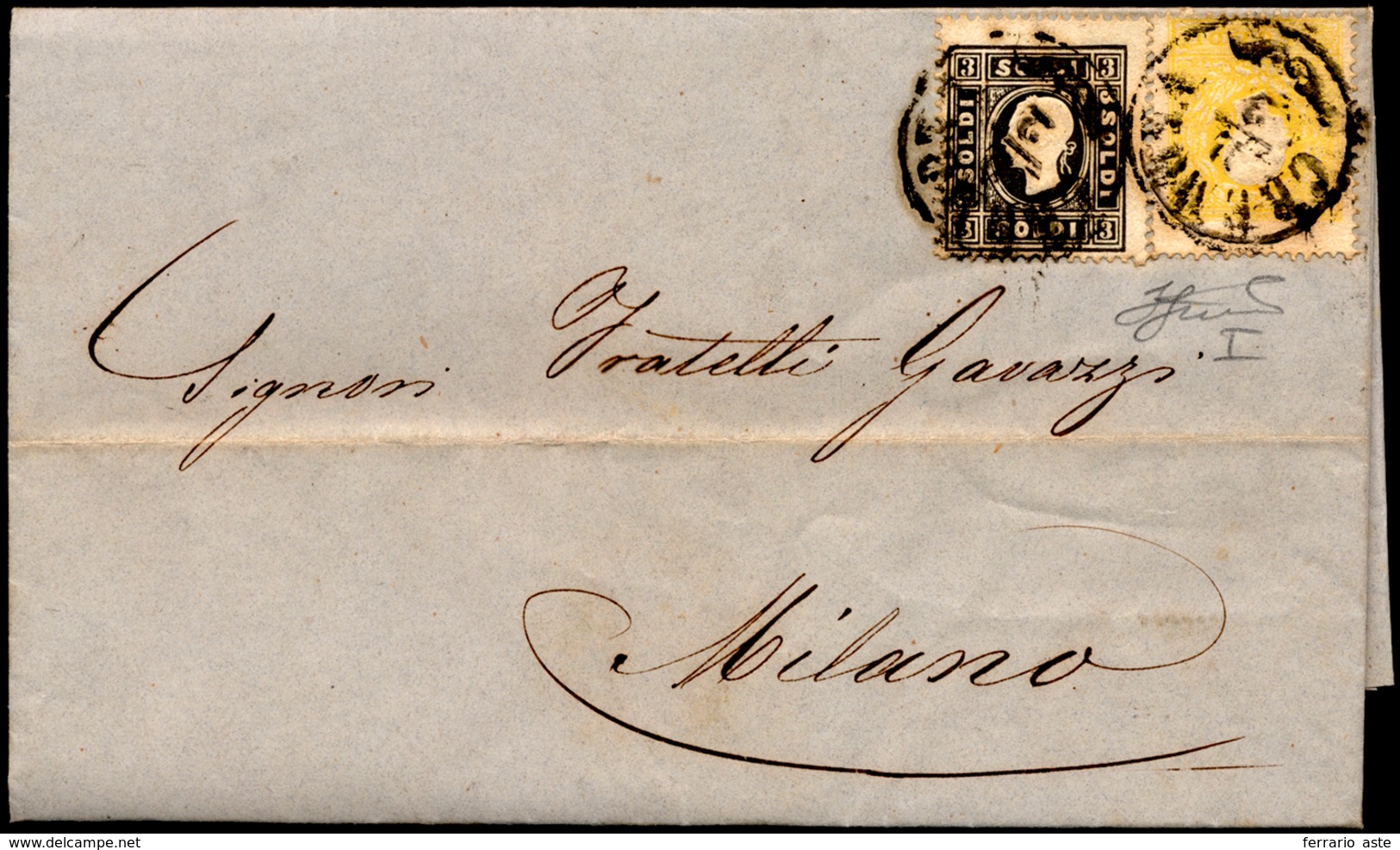 1859 - 2 Soldi Giallo E 3 Soldi Nero (23,24), Perfetti, Su Lettera Da Cremona 2/2/1859 A Milano. Bel... - Lombardije-Venetië