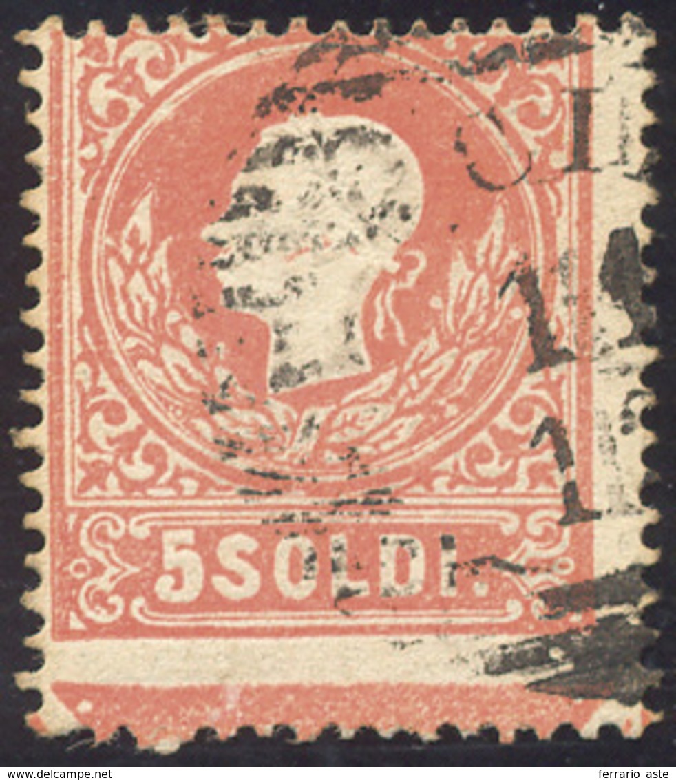 1858 - 5 Soldi Rosso, I Tipo (25), Ampio Principio Di Croce In Basso, Usato, Perfetto. Ferrario. ... - Lombardije-Venetië