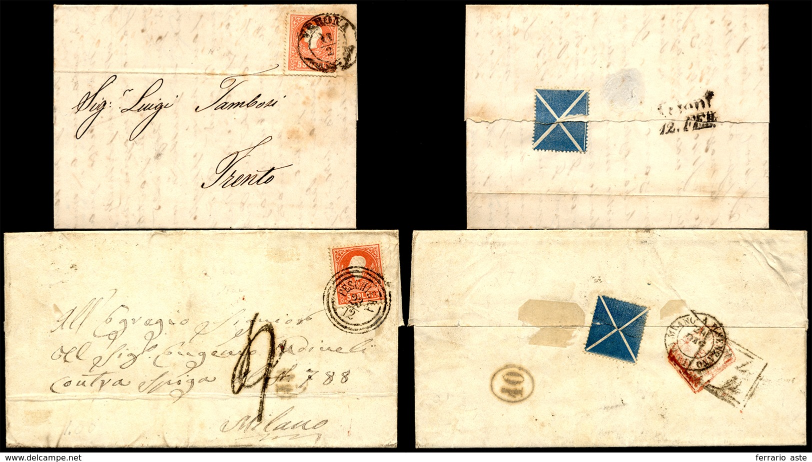 1859/60 - Due Lettere Affrancate Con 5 Soldi Rosso, II Tipo (25), Perfetti, Entrambe Con Al Verso La... - Lombardije-Venetië