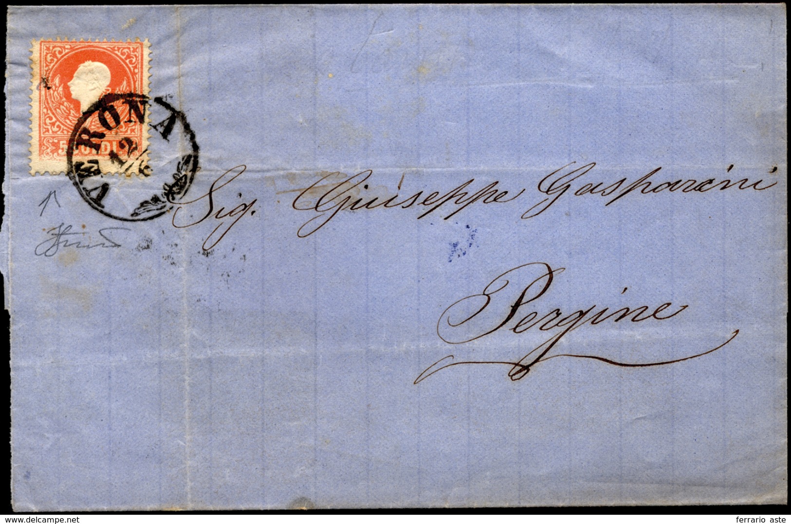 1861 - 5 Soldi Rosso, I Tipo (25), Stampa Evanescente In Basso, Su Sovracoperta Di Lettera , Senza L... - Lombardije-Venetië