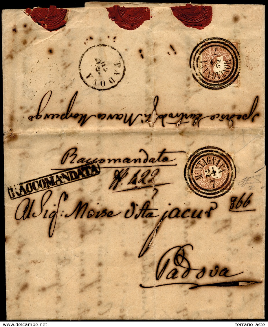 1859 - 10 Soldi Bruno, I Tipo (26), Due Esemplari, Uno Al Verso, Perfetti, Su Lettera Raccomandata D... - Lombardije-Venetië