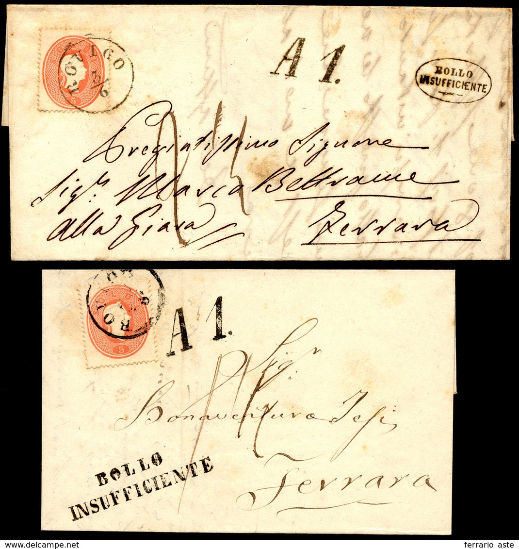 1862/63 - 5 Soldi Rosso (33), Due Esemplari, Perfetti, Su Altrettante Lettere Da Rovigo A Ferrara, A... - Lombardije-Venetië