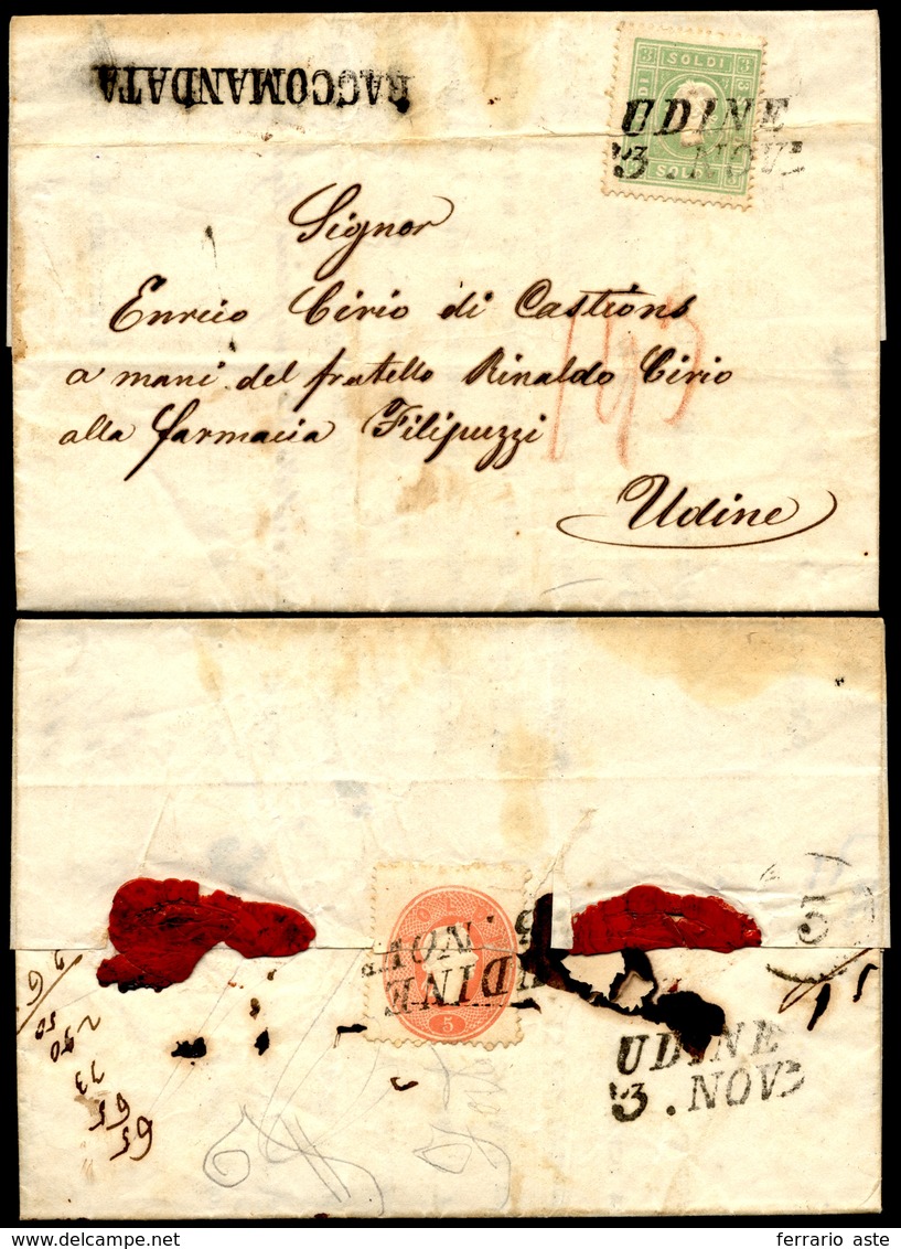 1862 - 3 Soldi Verde Giallo E, Al Verso, 5 Soldi Rosso (35,33), Difettosi, Su Lettera Assicurata Da ... - Lombardije-Venetië