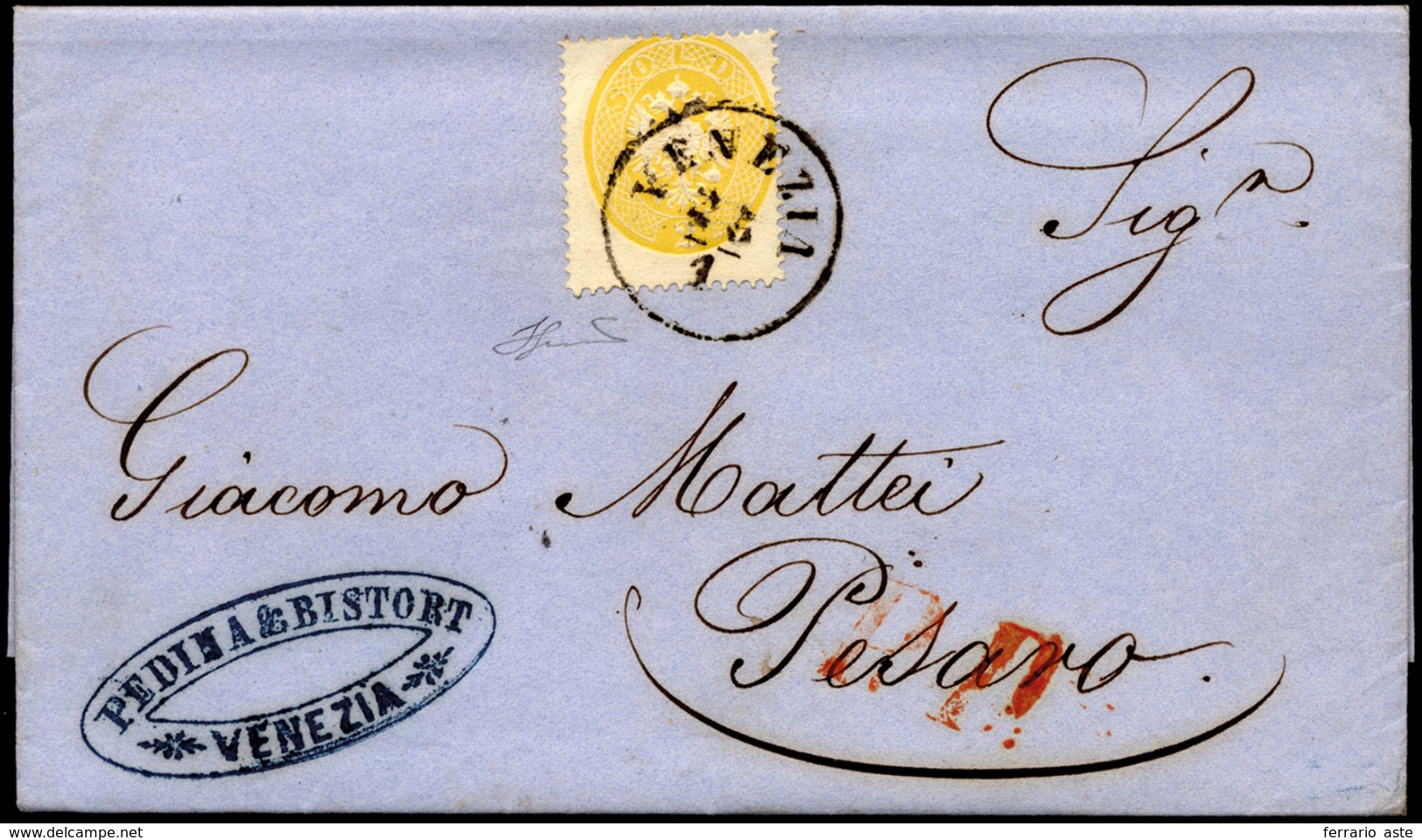 1864 - 2 Soldi Giallo. Dent. 14 (36), Perfetto, Isolato Su Circolare Da Venezia 25/1/1864 A Pesaro, ... - Lombardije-Venetië