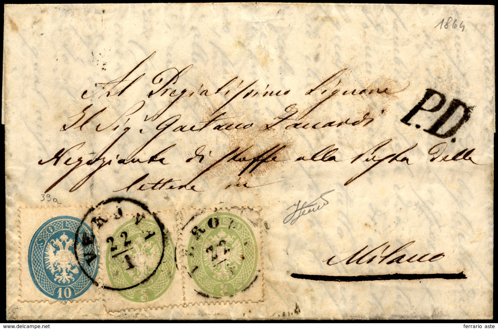 1864 - 3 Soldi Verde, Due Esemplari E 10 Soldi Azzurro Chiaro, Dent. 14 (37,39a), Perfetti, Su Lette... - Lombardije-Venetië