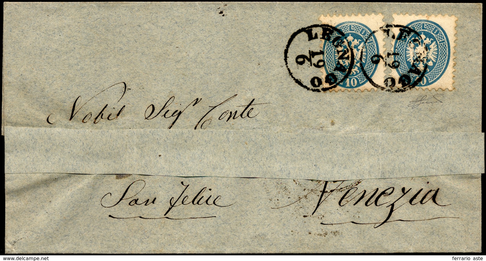 1864 - 10 Soldi Azzurro, Dent. 9 1/2 (44), Due Esemplari, Perfetti, Su Sovracoperta Di Lettera Da Le... - Lombardije-Venetië