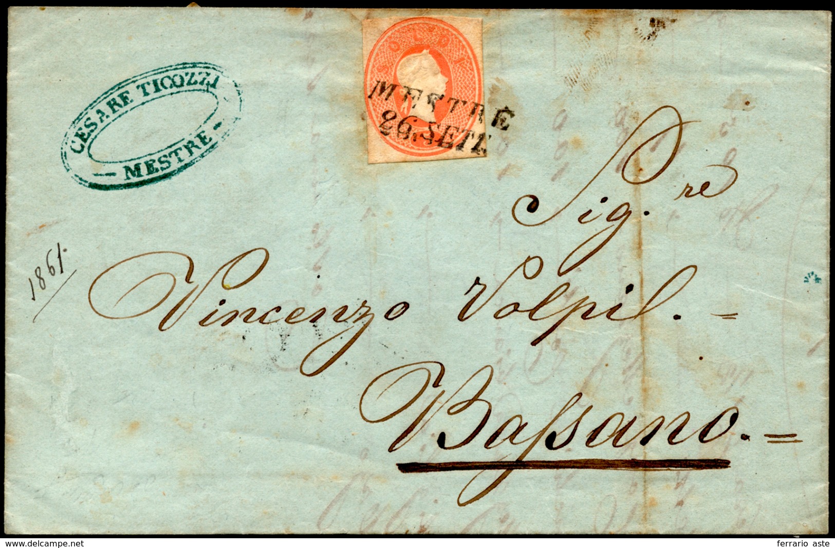 1861 - 5 Soldi Rosso, Ritaglio Di Intero Postale (2), A Filo A Sinistra, Su Lettera Da Mestre 26/9/1... - Lombardije-Venetië