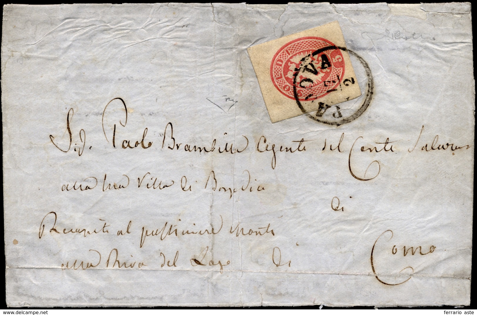 1863 - 5 Soldi Rosa, Ritaglio Di Busta Postale (10), Perfetto E Con Ampi Margini, Su Sovracoperta Di... - Lombardije-Venetië