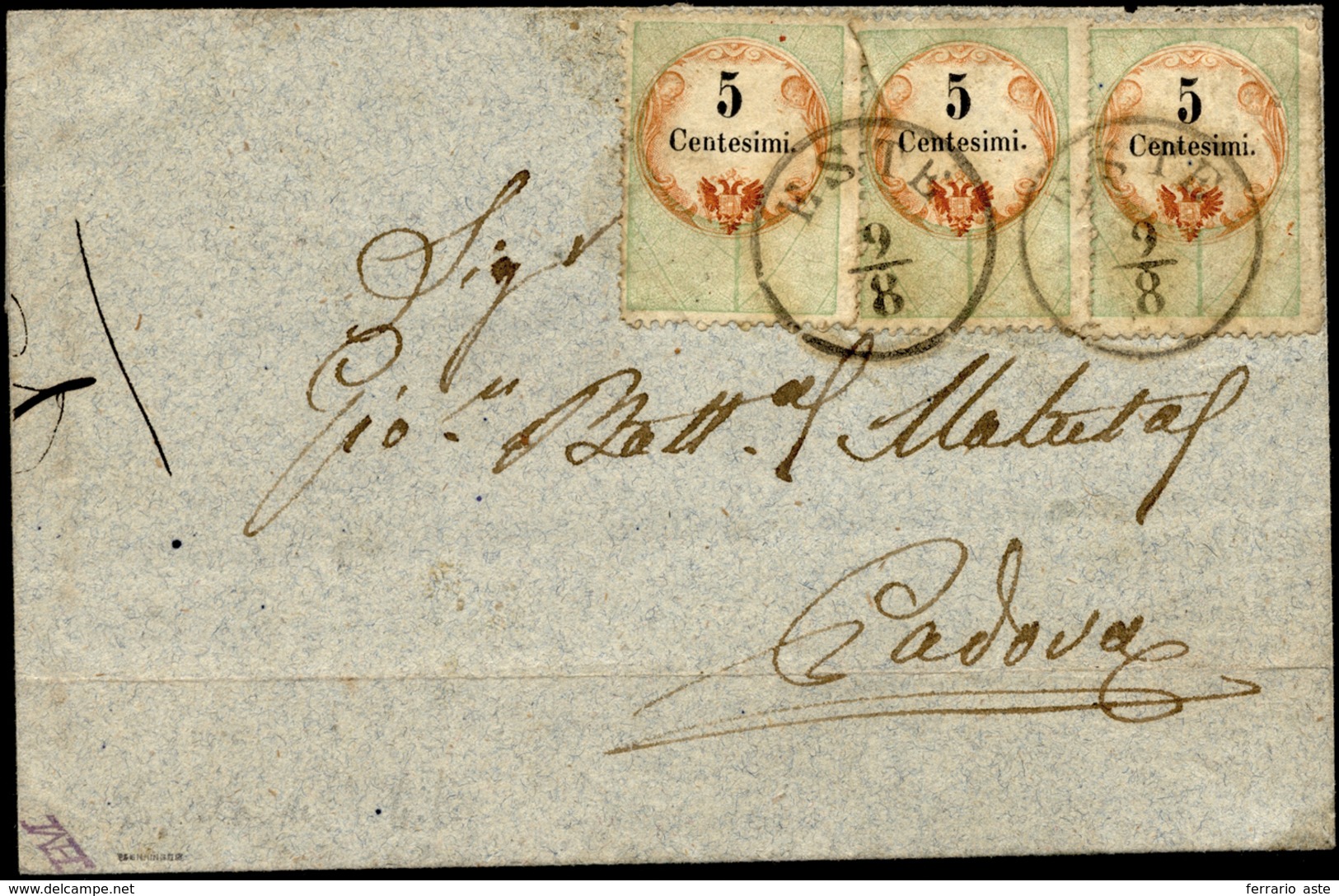 1856 - 5 Cent., Marca Da Bollo Tipografica (1), Tre Esemplari, Perfetti, Uno Con Lieve Grinza D'appl... - Lombardije-Venetië