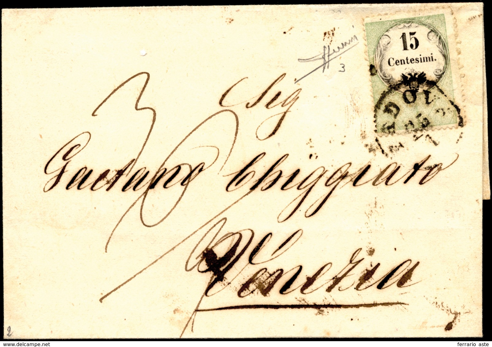 1854 - 15 Cent., Marca Da Bollo Tipografica (3), Ottimo Stato, Su Sovracoperta Di Lettera Da Padova ... - Lombardije-Venetië