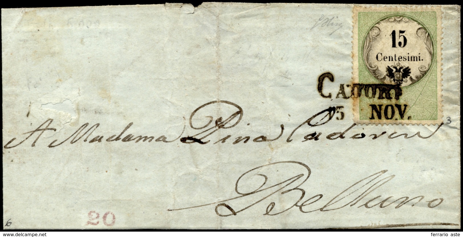 1854 - 15 Cent., Marca Da Bollo Tipografica (3), Perfetta, Su Sovracoperta Di Lettera Da Cadore 15/1... - Lombardije-Venetië