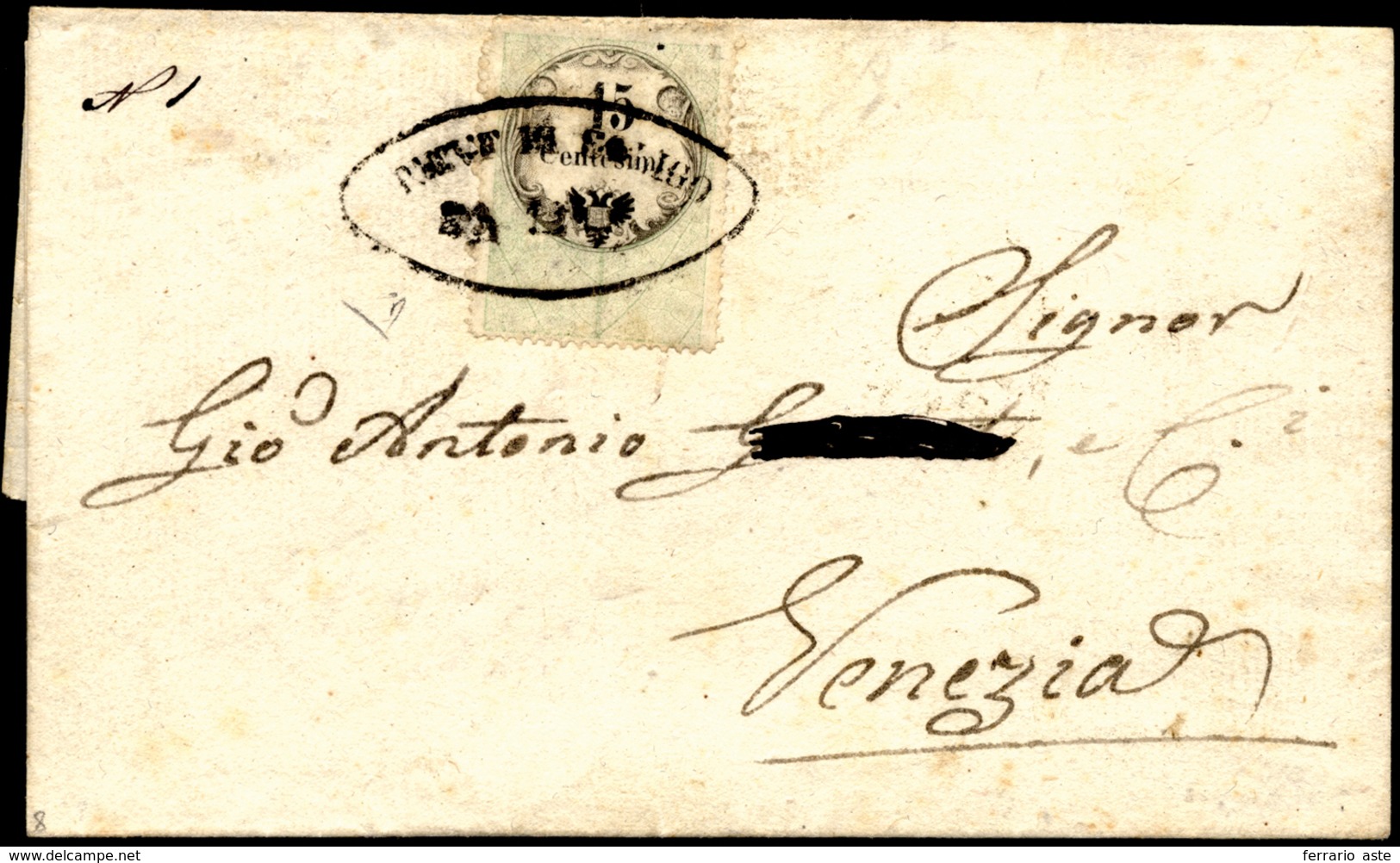 1854 - 15 Cent., Marca Da Bollo Tipografica (3), Perfetta, Su Sovracoperta Di Lettera Da Pieve Di So... - Lombardije-Venetië