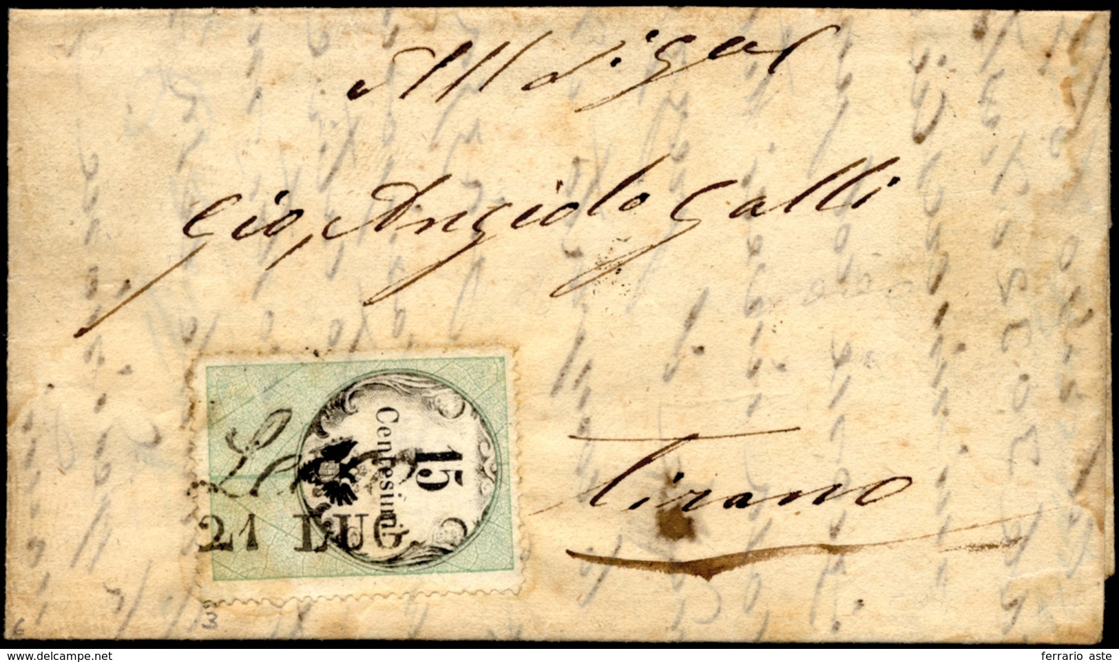 1855 - 15 Cent., Marca Da Bollo Tipografica (3), Ottimo Stato, Su Lettera Da Lecco 21/7/1855 (punti ... - Lombardije-Venetië