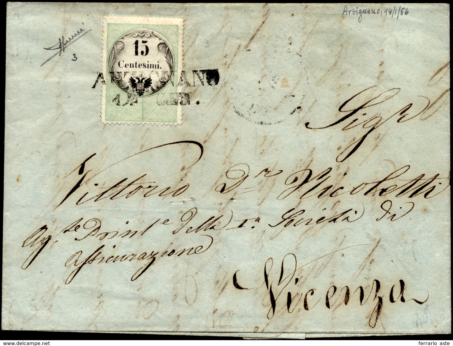 1856 - 15 Cent., Marca Da Bollo Tipografica (3), Perfetta, Su Lettera Da Arzignano 14/1/1856 (punti ... - Lombardije-Venetië