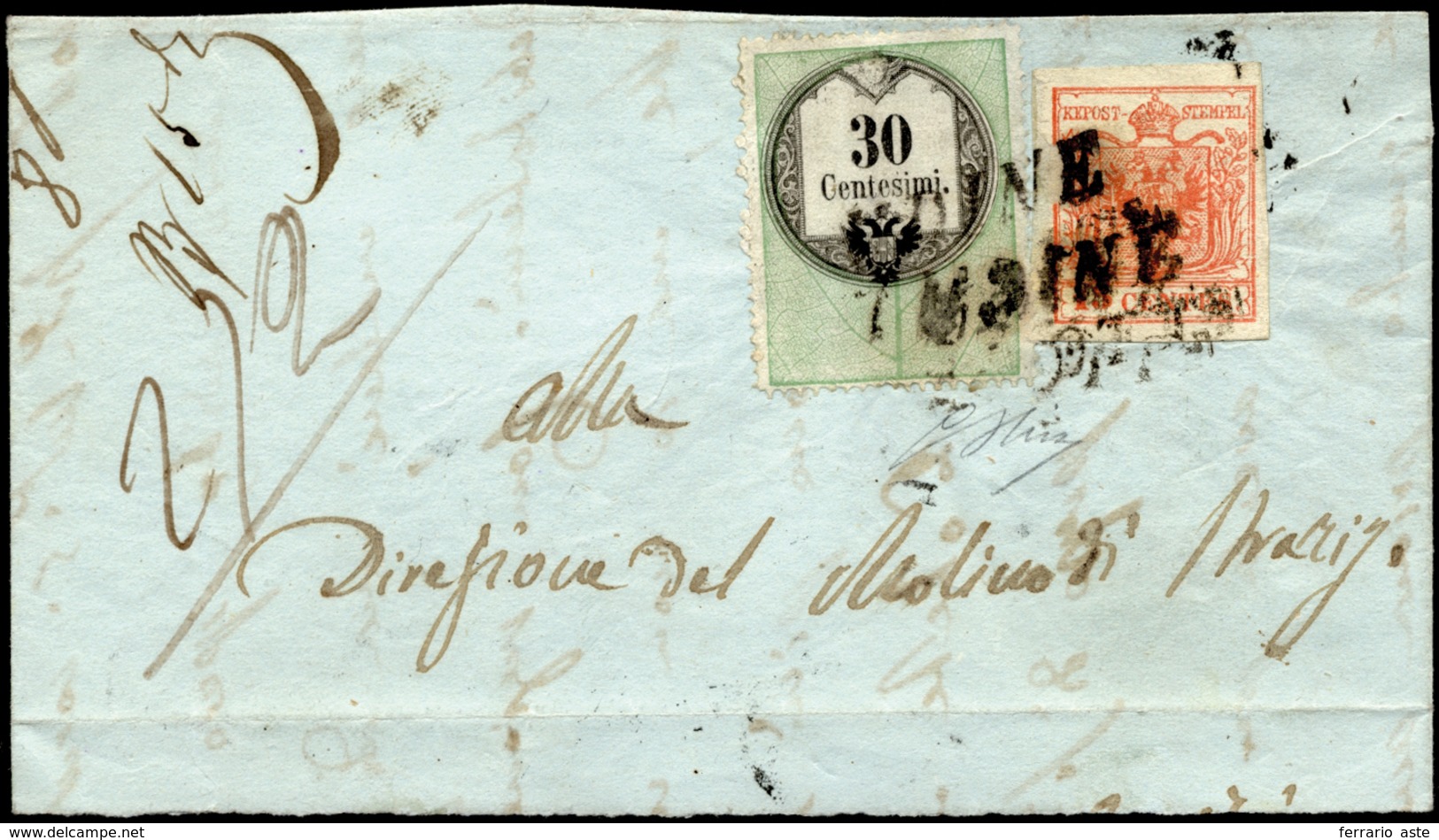 1854 - 30 Cent., Marca Da Bollo Tipografica (4), Perfetta, In Affrancatura Mista Con 15 Cent. Rosso ... - Lombardy-Venetia