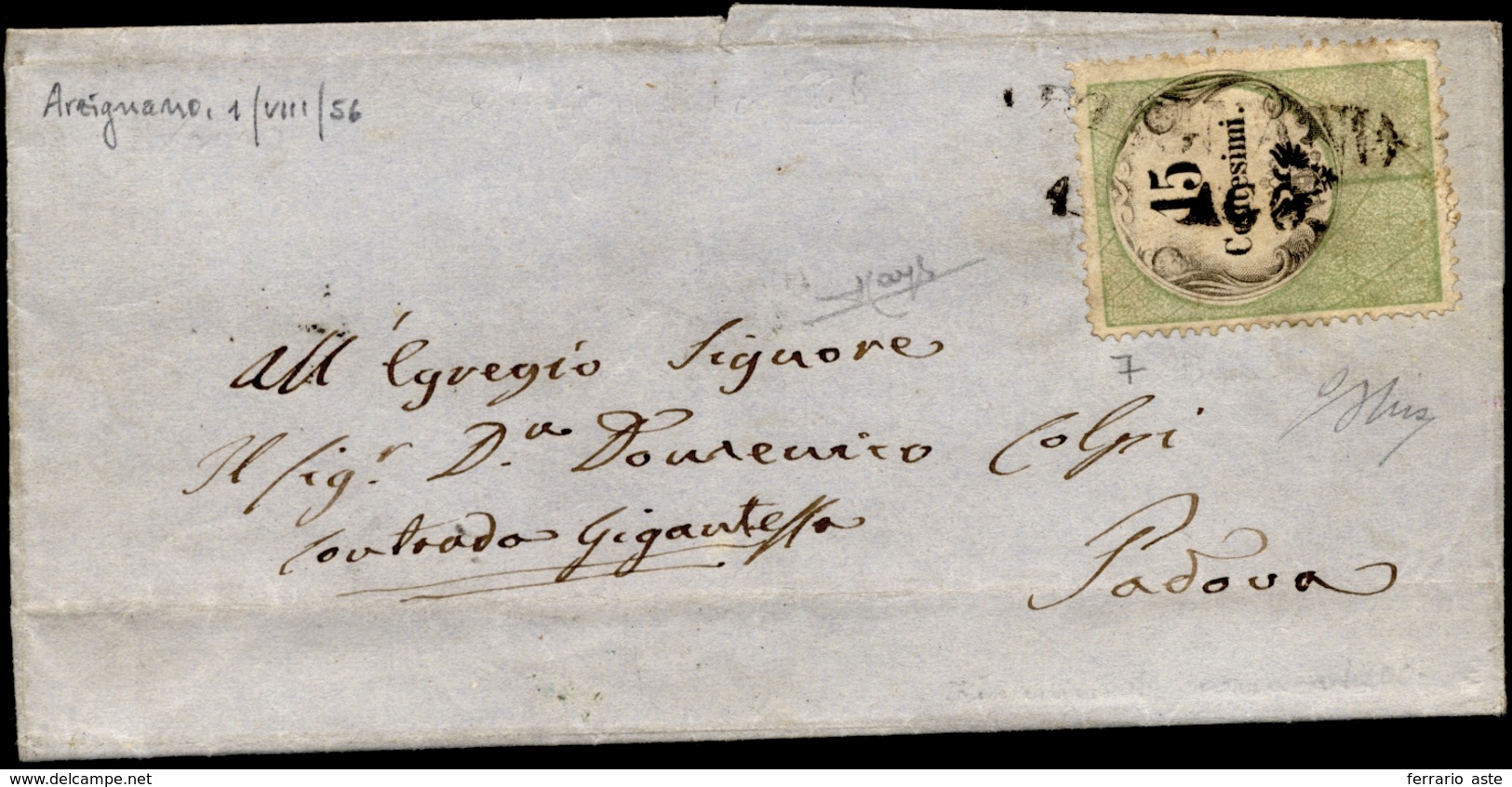 1856 - 15 Cent., Marca Da Bollo Calcografica (7), Perfetta, Su Lettera Da Arzignano 1/8/1856 (punti ... - Lombardije-Venetië