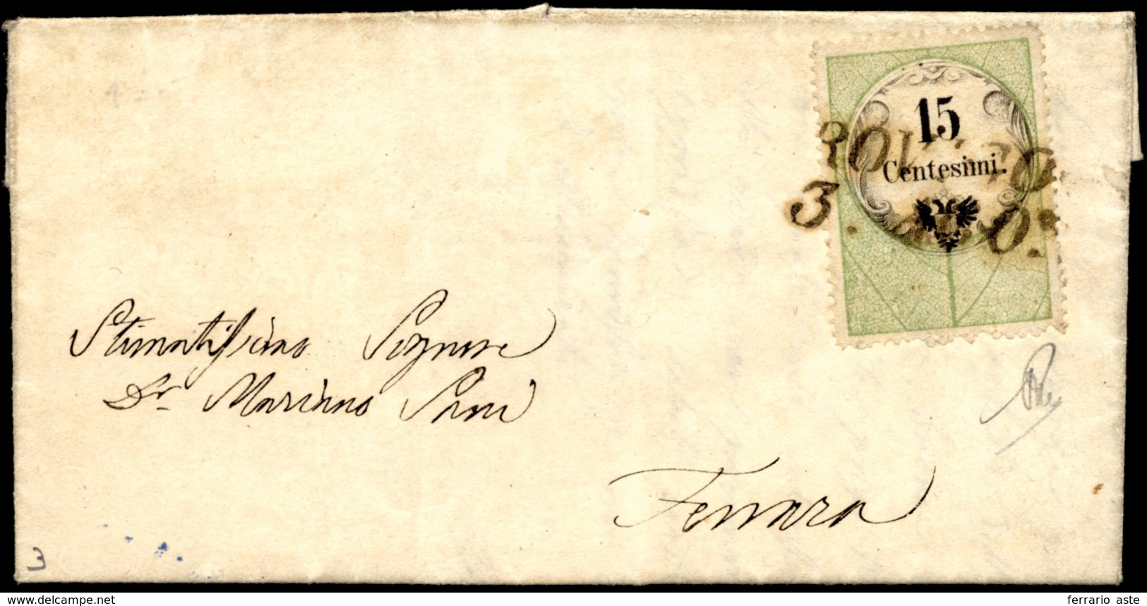 1856 - 15 Cent., Marca Da Bollo Calcografica (7), Perfetta, Su Lettera Da Rovigo 3/8/1856 A Ferrara.... - Lombardije-Venetië