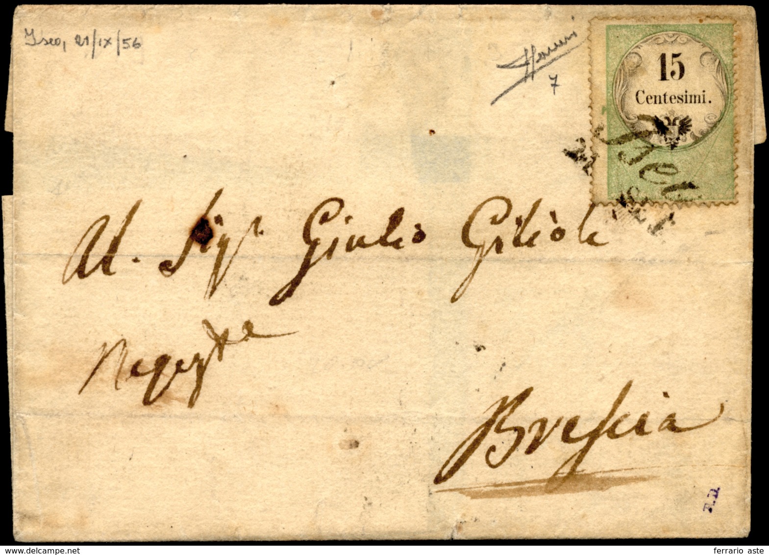 1856 - 15 Cent., Marca Da Bollo Calcografica (7), Perfetta, Su Sovracoperta Di Lettera Da Iseo 21/7/... - Lombardije-Venetië