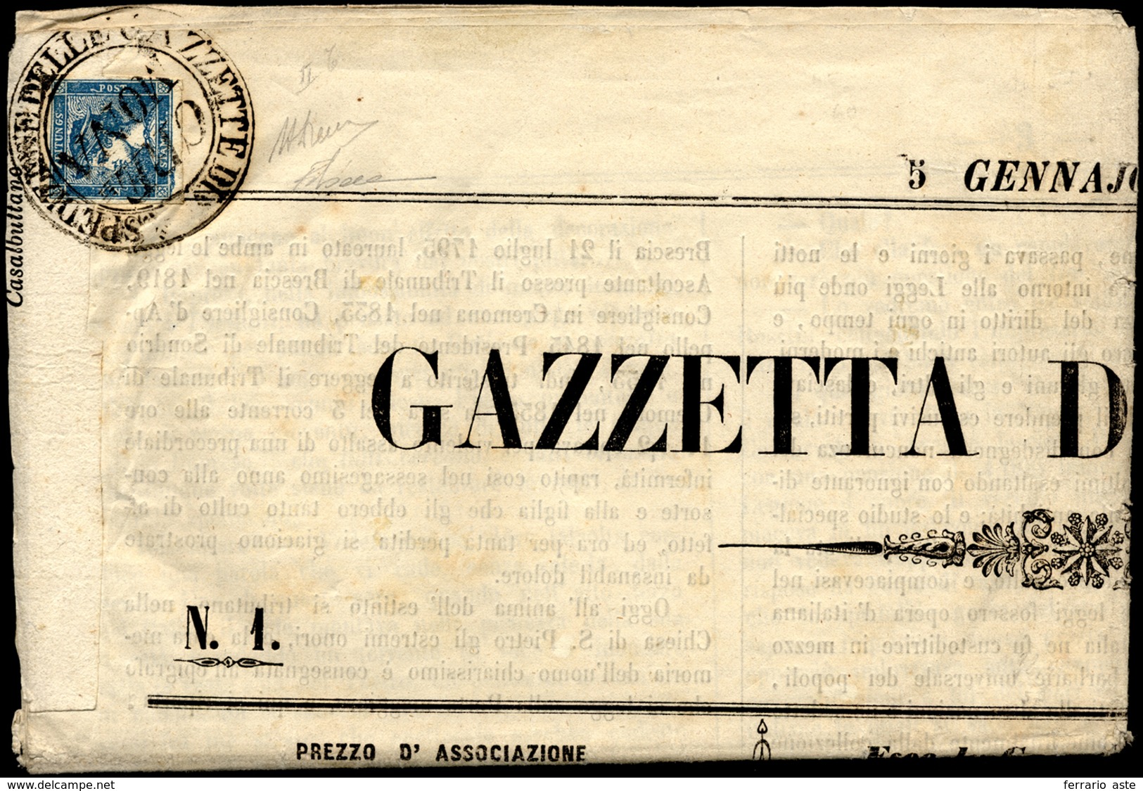 1856 - 3 Cent. Mercurio Azzurro, II Tipo (2), Perfetto, Su Giornale Completo "Gazzetta Di Cremona" D... - Lombardije-Venetië