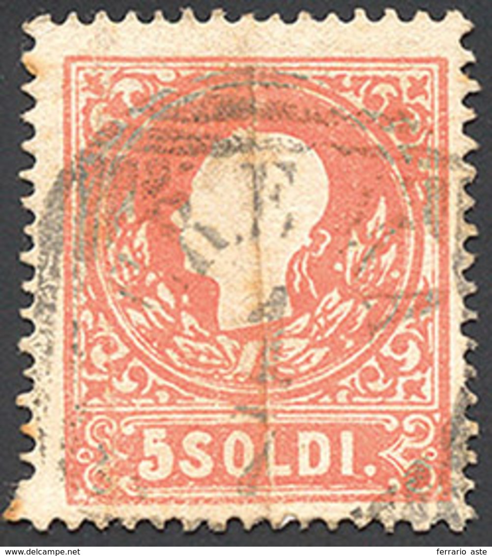 1859 - 5 Soldi Rosso, I Tipo (25), Piega Verticale, Usato A Crema Il 1/7/1859, Primo Giorno Della Me... - Lombardije-Venetië
