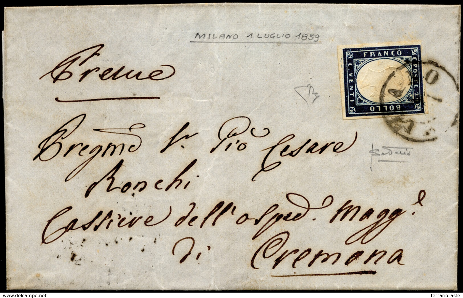 1859 - 20 Cent. Azzurro Scuro (Sardegna 15B), Perfetto, Su Lettera Da Milano 1/7/1859 A Cremona. Bel... - Lombardije-Venetië