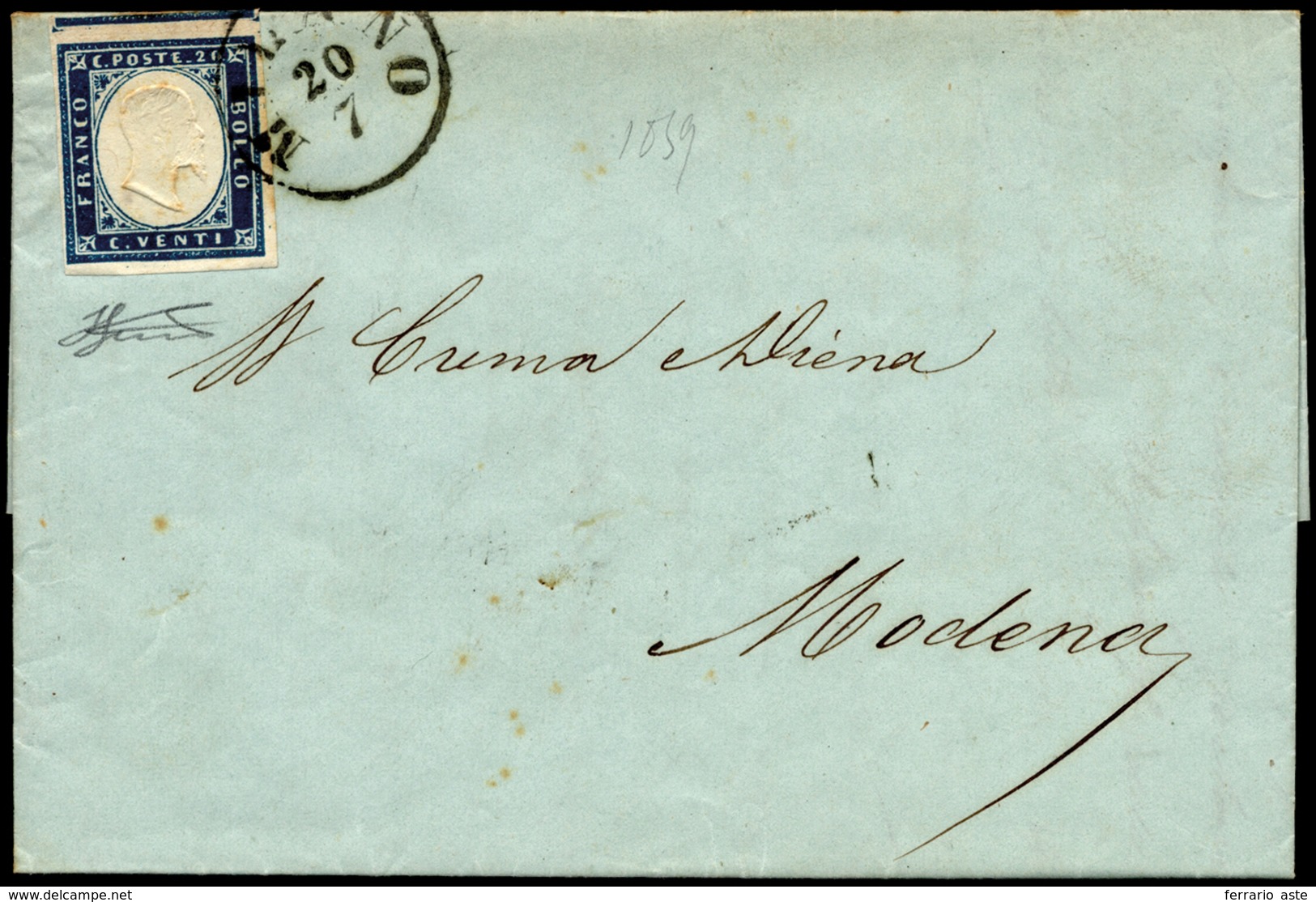 1859 - 20 Cent. Azzurro Scuro (C3), Perfetto, Su Lettera Da Milano 20/7/1859 A Modena. Ferrario. ... - Lombardije-Venetië