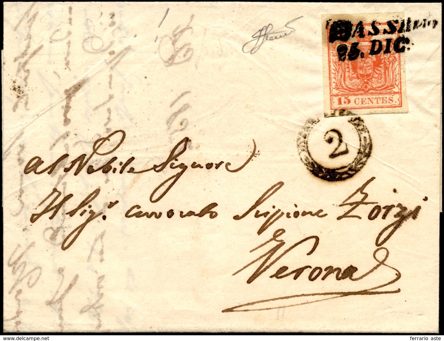 BASSANO, SI Punti 9 - 15 Cent. (6), Perfetto, Su Lettera Del 25/12/1852 Per Verona. Bollo Di Distrib... - Lombardije-Venetië