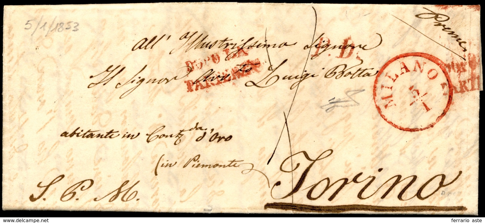 MILANO, C1 Rosso Punti 13 - Lettera Non Affrancata Del 5/1/1853, Bolli "dopo La Partenza" E "PD" In ... - Lombardije-Venetië
