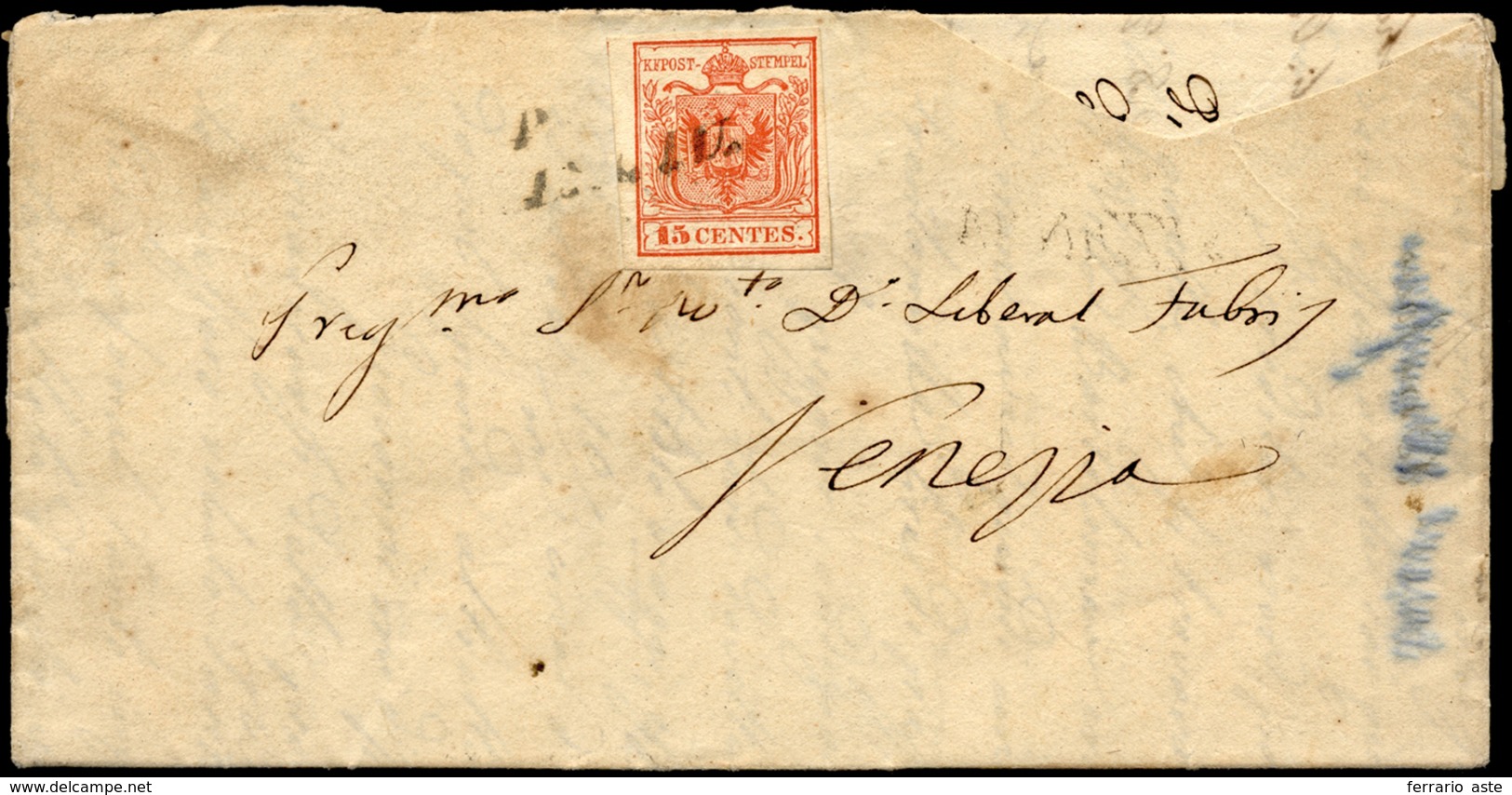 PADOVA, SI Azzurro Grigiastro Punti 7 - 15 Cent. (3a), Perfetto, Su Lettera Del 12/6/1850 (primi Gio... - Lombardije-Venetië