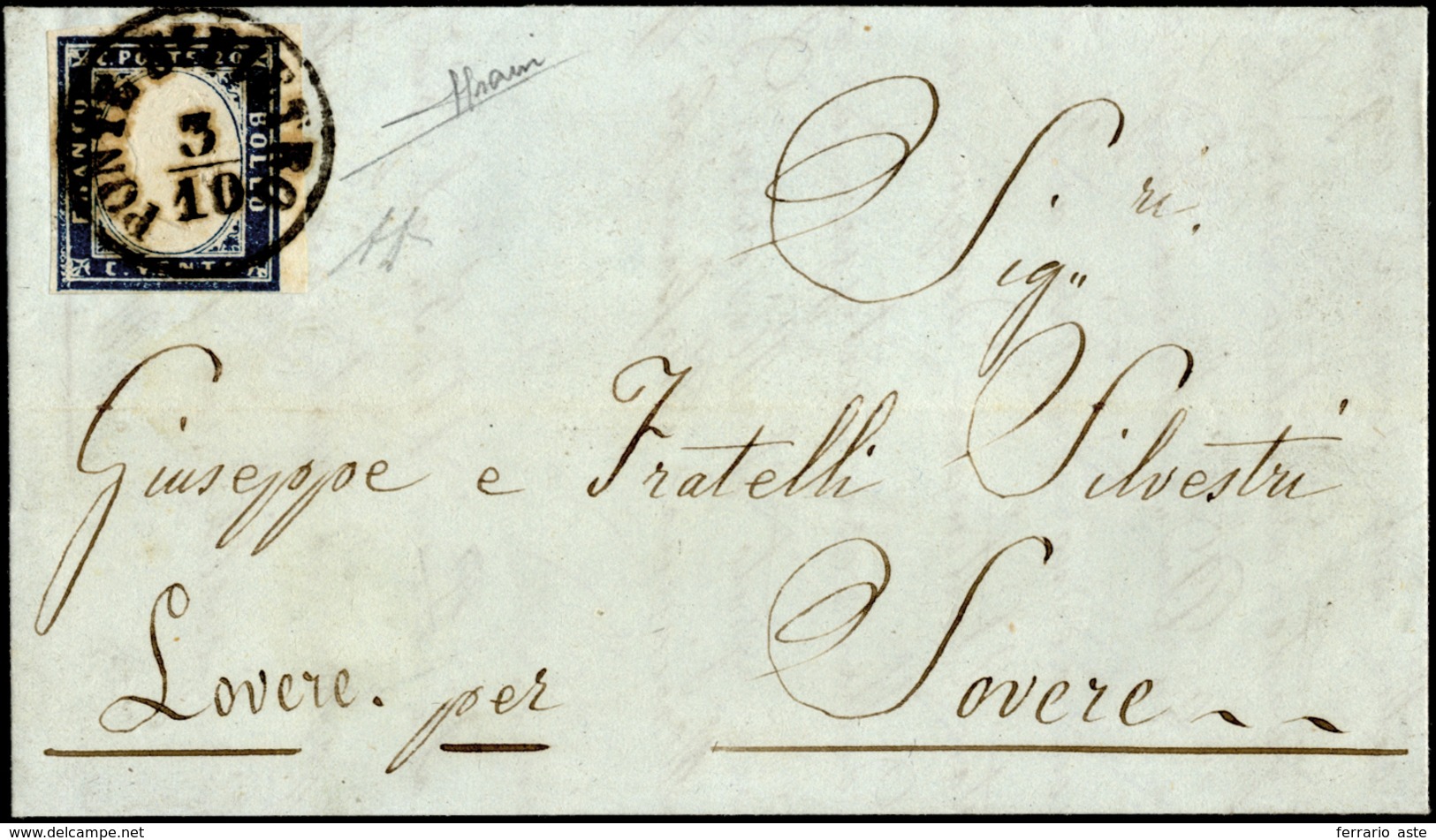 PONTE SAN PIETRO, C1 Punti 8 - 20 Cent. (15B), Perfetto, Su Lettera Del 3/10/1859 Per Sovere. A.Dien... - Lombardije-Venetië