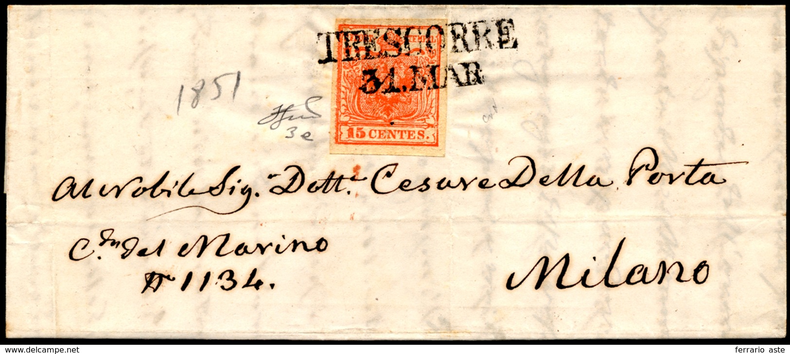 TESCORRE, SD I Tipo Punti 9 - 15 Cent. Rosso Vermiglio, I Tipo (3e), Perfetto, Su Lettera Del 31/3/1... - Lombardije-Venetië