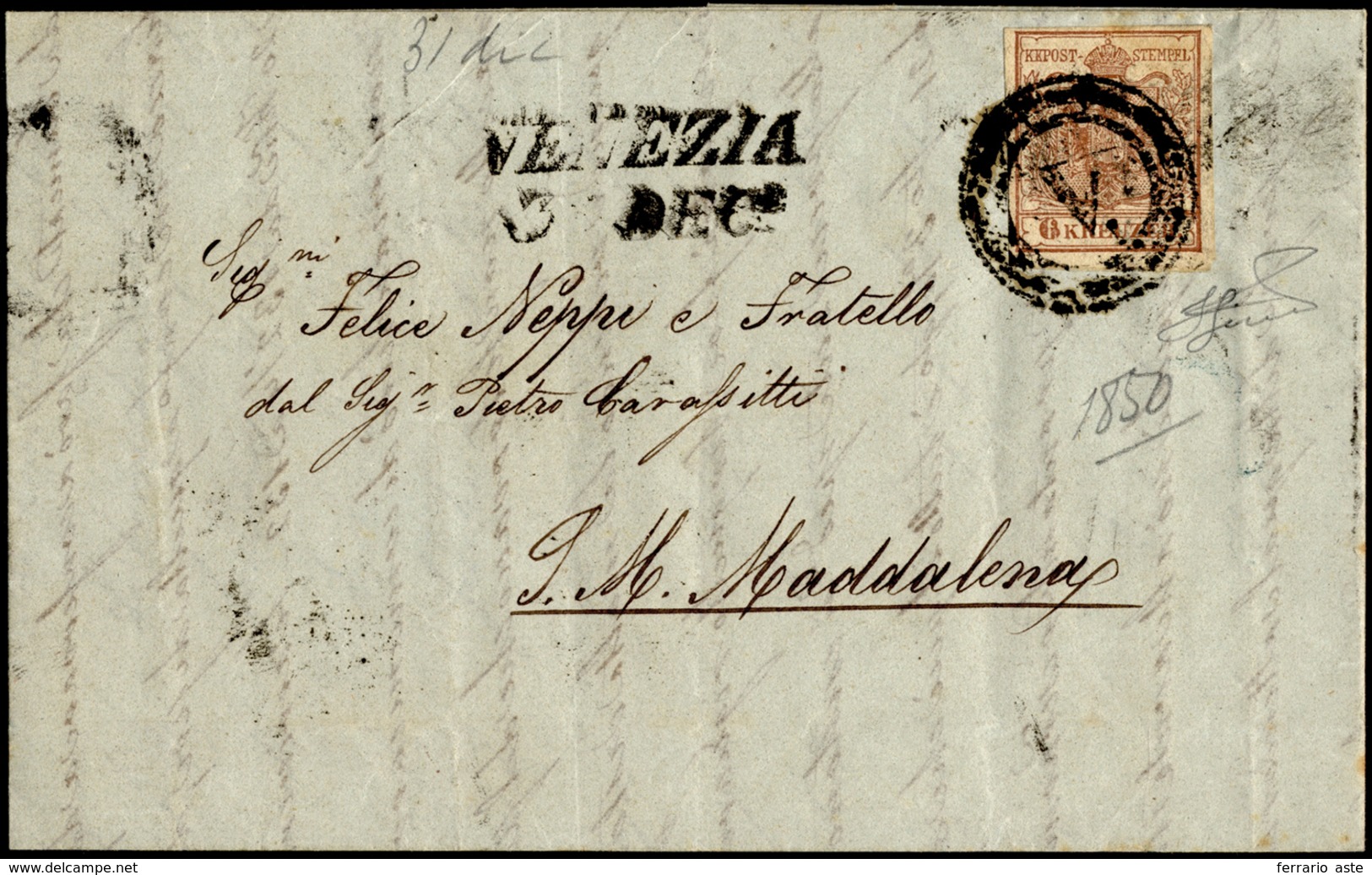 VENEZIA, Muto Su Austria, Punti 11 - 6 Kreuzer Bruno, Perfetto, Su Lettera Del 31/12/1850 Per S. Mar... - Lombardije-Venetië