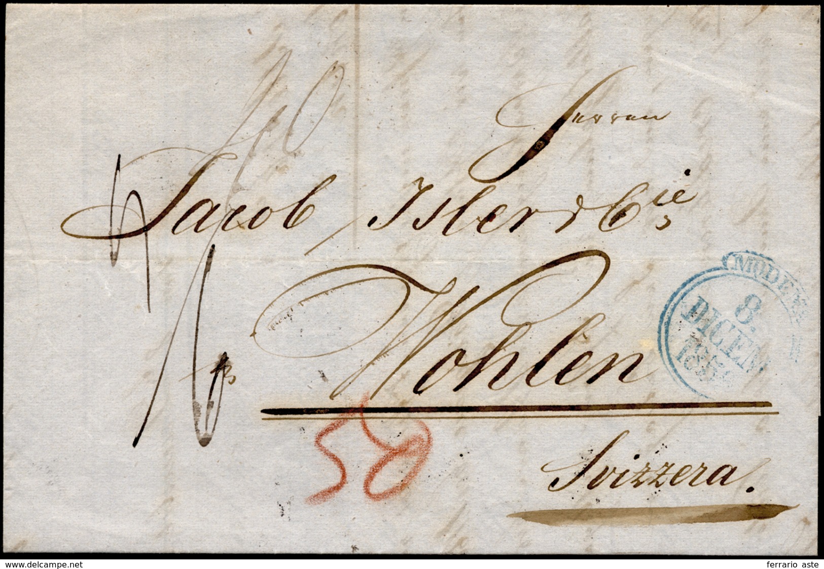 1856 - Lettera Non Affrancata Da Modena 8/12/1856 Per La Svizzera, Tassata 50 Rappen. ... - Modena