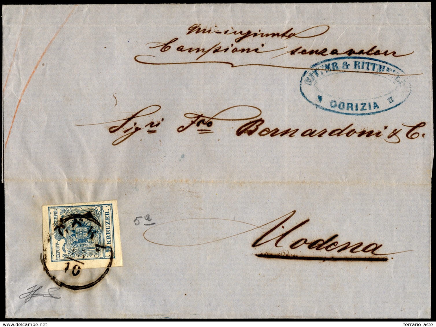 INCOMING MAIL AUSTRIA 1857 - 9 Kr. Azzurro, A Macchina (5/I), Perfetto, Su Sovracoperta Di Lettera D... - Modena