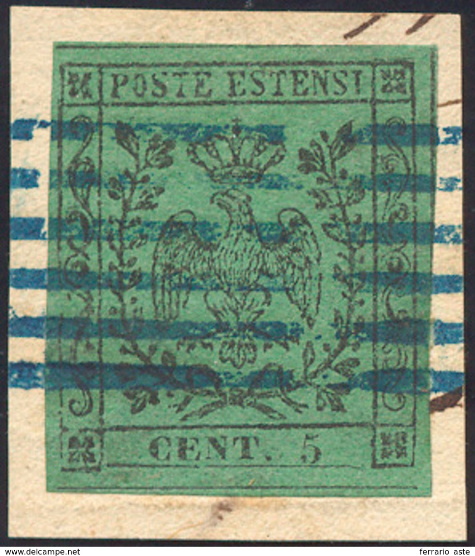 1852 - 5 Cent. Verde, I Emissione (1), Usato Su Piccolo Frammento, Perfetto. Colla, Ferrario. ... - Modena