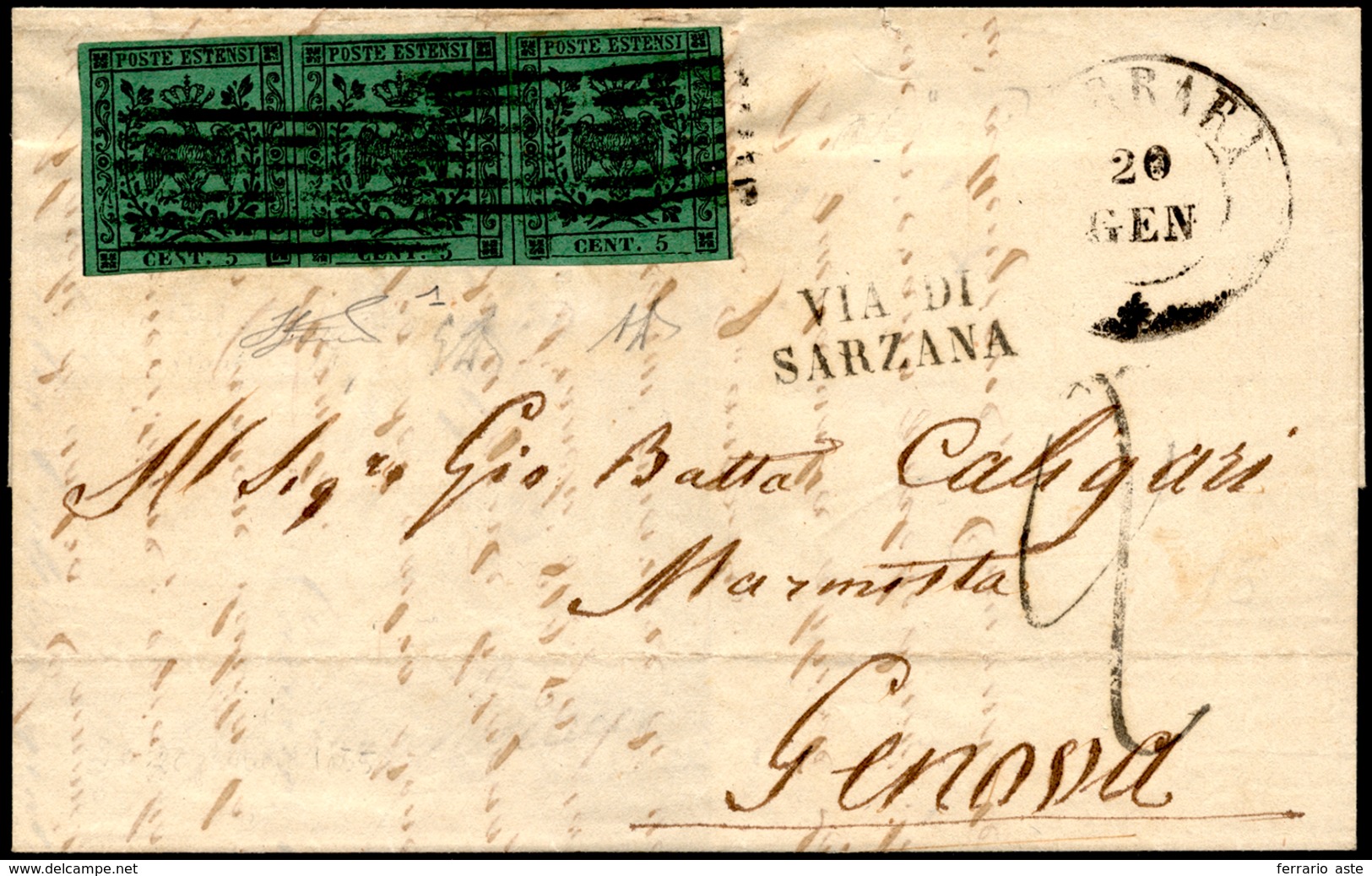 1855 - 5 Cent. Verde, I Emissione (1), Striscia Di Tre, Perfetta, Su Lettera Da Carrara 20/1/1855 A ... - Modena