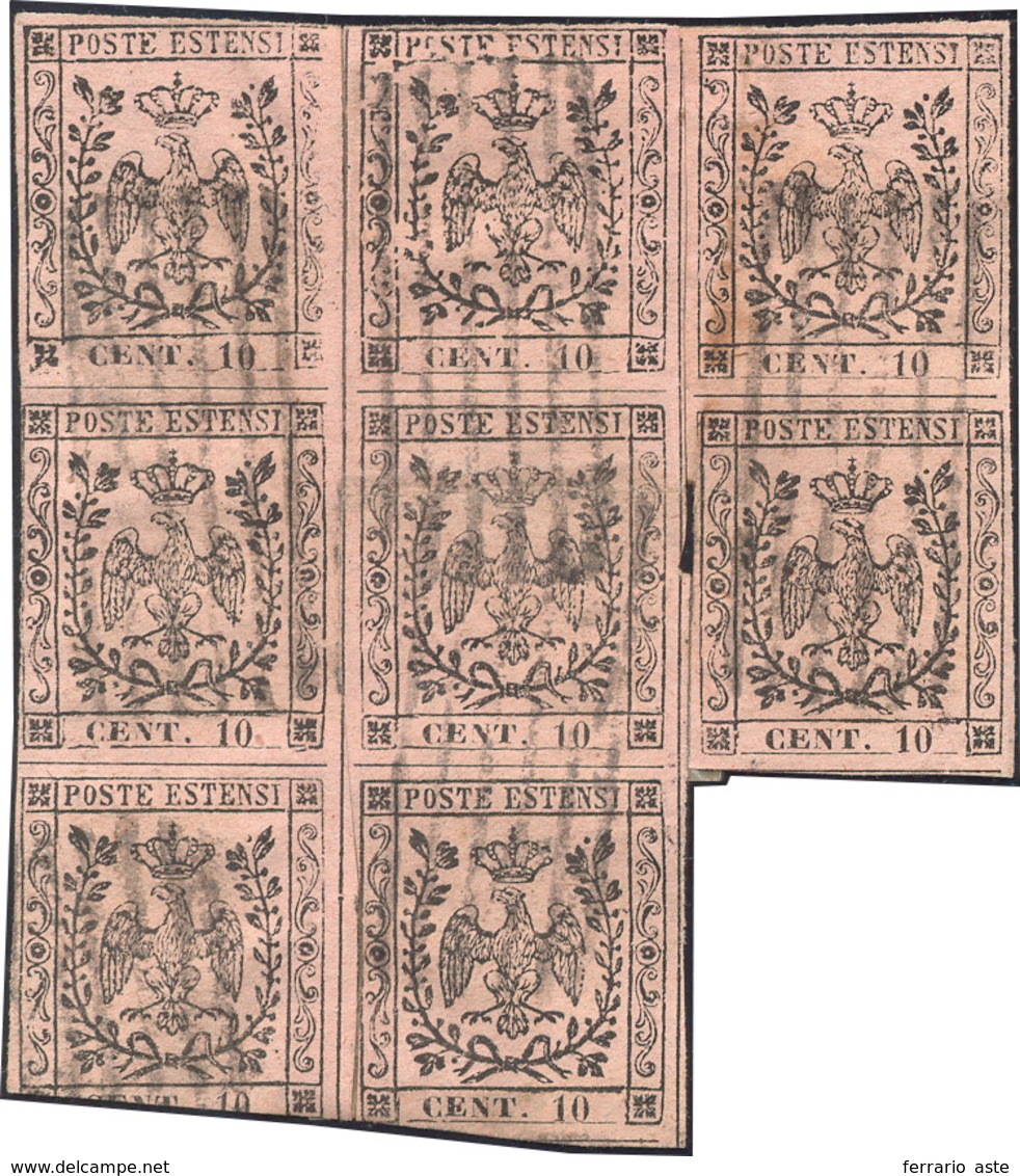 1852 - 10 Cent. Rosa Chiaro (2), Blocco Ricostruito Di Otto Esemplari, Difetti, Usato. Eccezionale E... - Modena